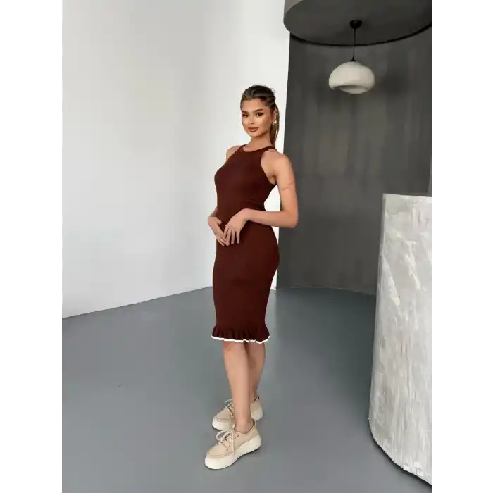 Fırfır Detaylı Triko Elbise- Kahverengi