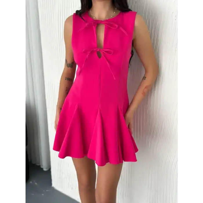 Göğüs Bağlamalı Kolsuz Mini Boy Elbise - Pembe