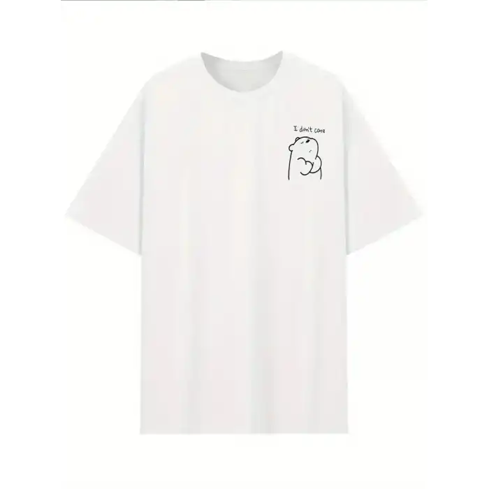 [Günlük T-Shirt] Hafif Kadın Günlük T-Shirt | Bol Kesim, Kısa Kollu, Yuvarlak Yaka, Eğlenceli Karikatür Ayı ve Umrumda Değil Baskı - Günlük Stil, İlkbahar/Yaz- Beyaz