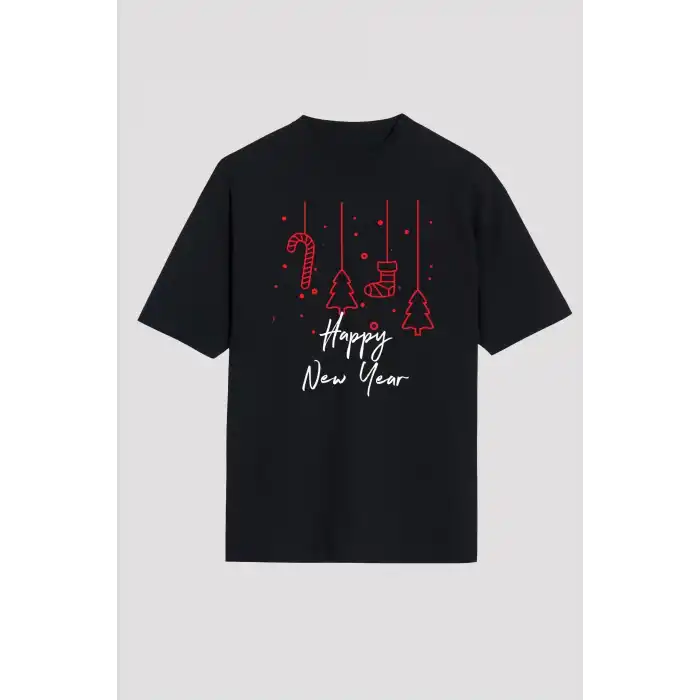 Happy New Year Baskılı T-shirt - Siyah