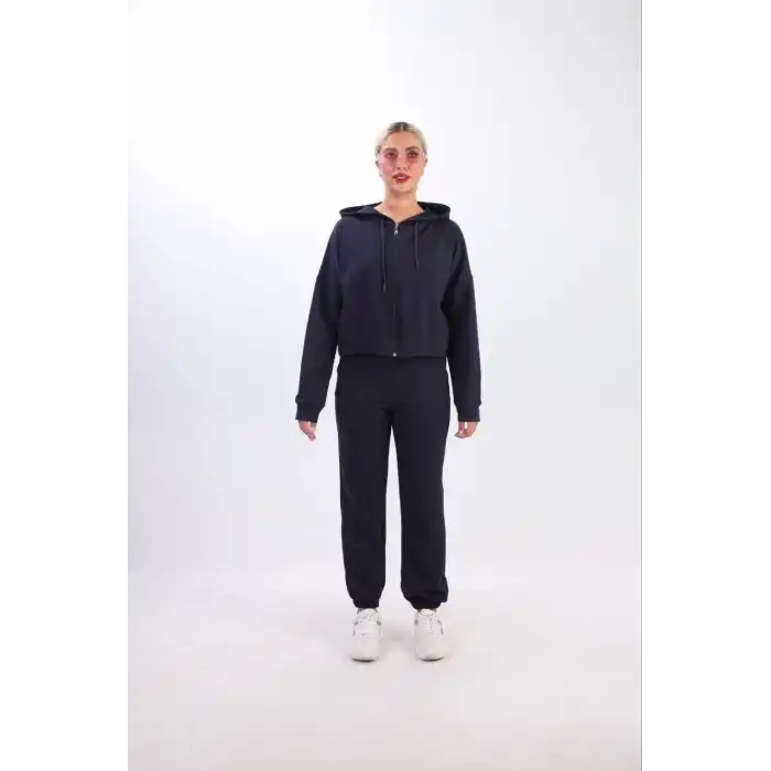 iki iplik Kapüşonlu Fermuarlı Crop Oversize Hırka Takım- Lacivert