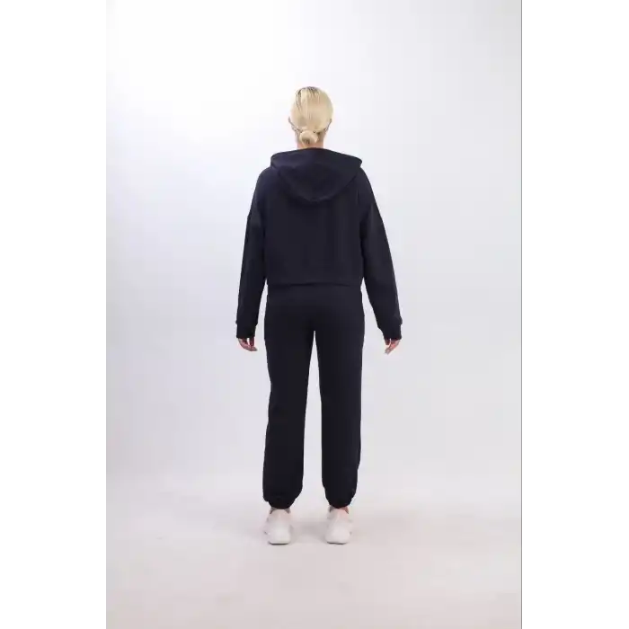 iki iplik Kapüşonlu Fermuarlı Crop Oversize Hırka Takım- Lacivert