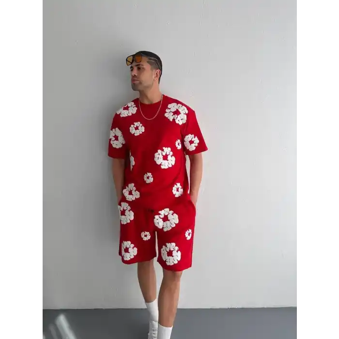 İki İplik Kumaş Baskılı T-shirt Şortlu Takım- Kırmızı
