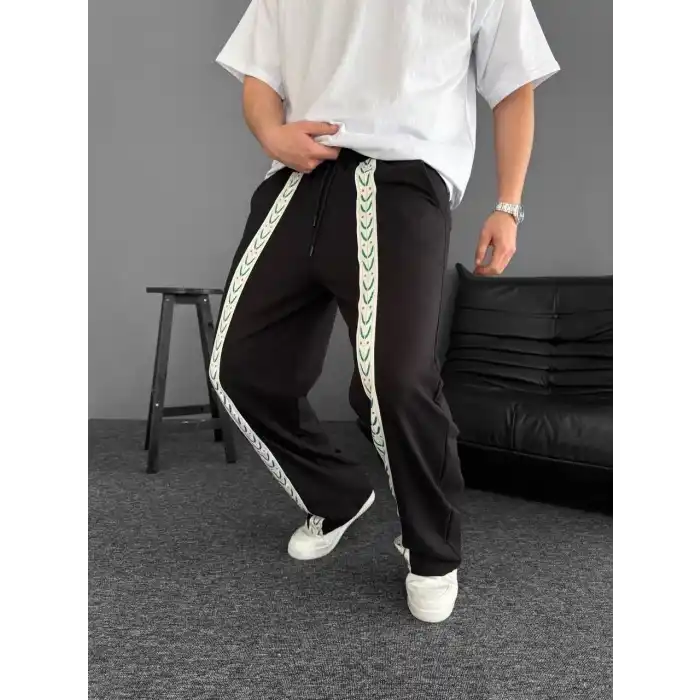 İki İplik Kumaş Şeritli Alt Esofman - Siyah