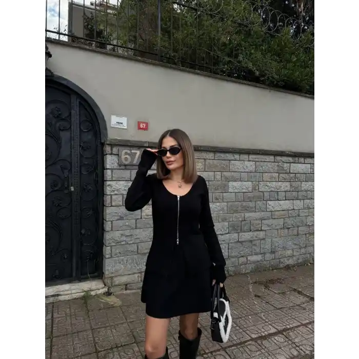 İkili Fermuarlı Hırkalı Etekli Takım - Siyah