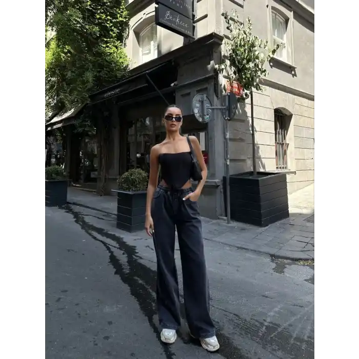 Kadın Arkadan Yırtmaçlı Jeans Kot Palazzo Pantolon - Siyah