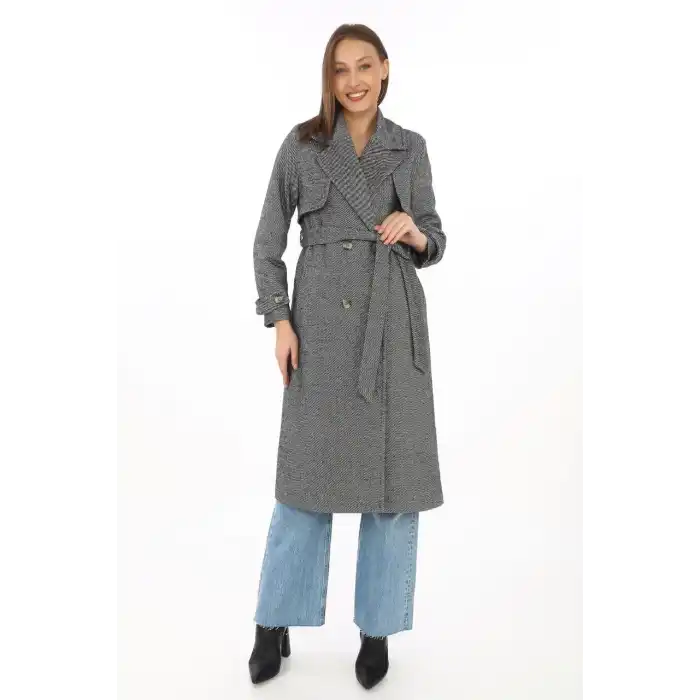 Kadın Balık Sırtı Kaşmir Uzun Kaşe Kaban - Boyalı Gri