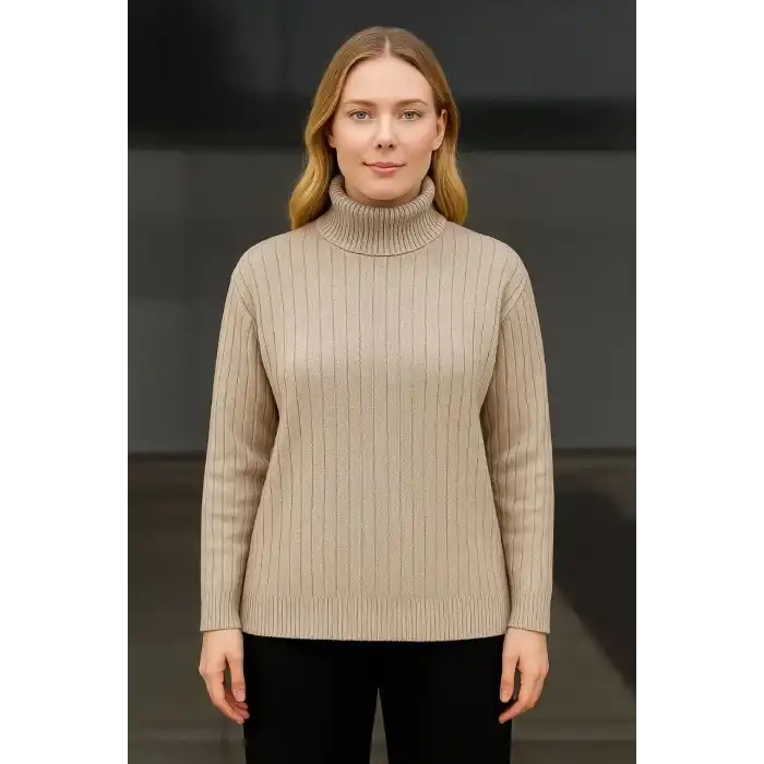 Kadın Balıkcı Yaka Bağazlı Triko Kazak Pamuklu Kalın Fitilli Dokuma - Bej