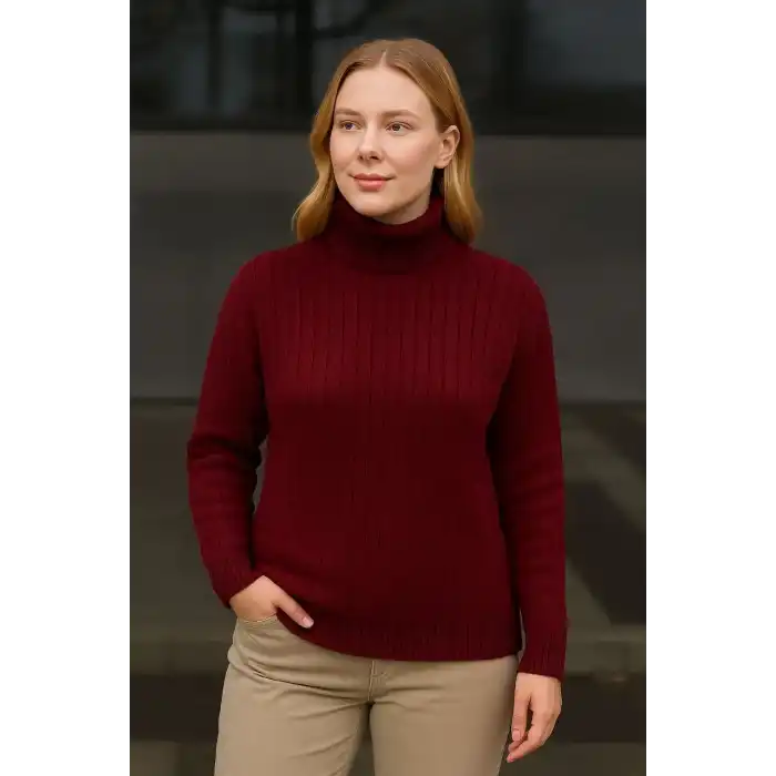 Kadın Balıkcı Yaka Bağazlı Triko Kazak Pamuklu Kalın Fitilli Dokuma - Bordo