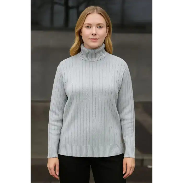 Kadın Balıkcı Yaka Bağazlı Triko Kazak Pamuklu Kalın Fitilli Dokuma - Gri