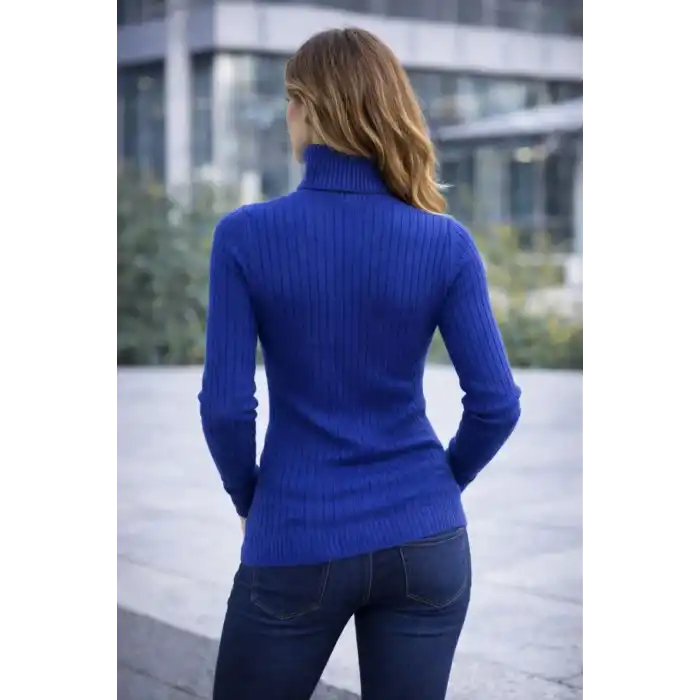 Kadın Balıkcı Yaka Bağazlı Triko Kazak Pamuklu Kalın Fitilli Dokuma - İndigo