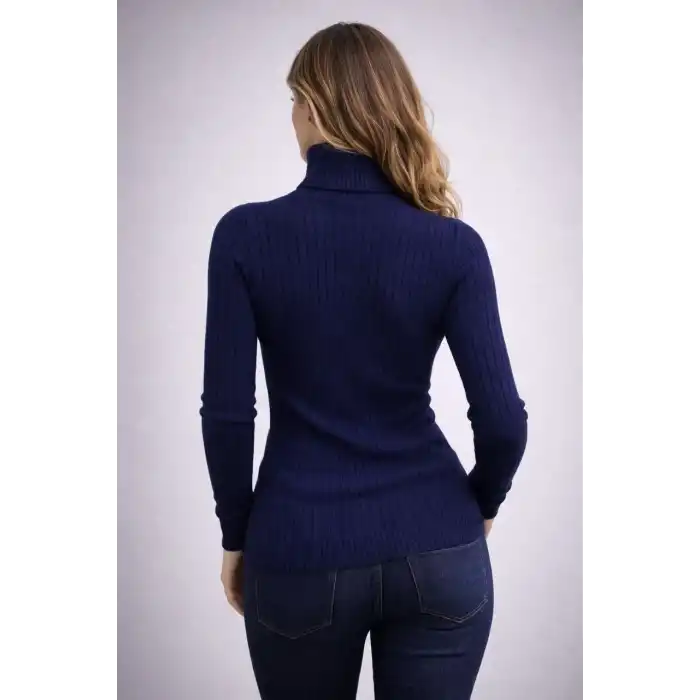 Kadın Balıkcı Yaka Bağazlı Triko Kazak Pamuklu Kalın Fitilli Dokuma - Lacivert