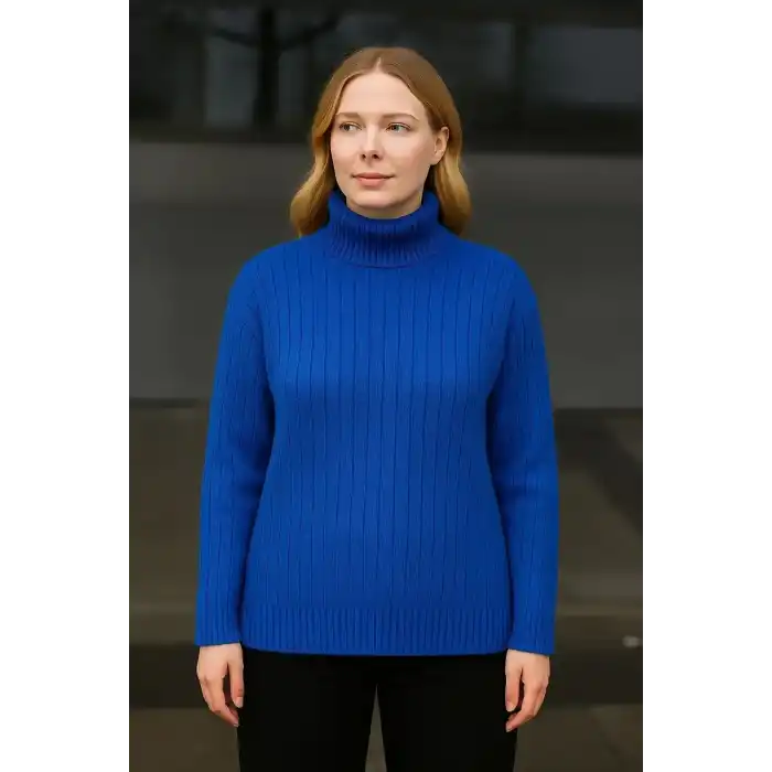 Kadın Balıkcı Yaka Bağazlı Triko Kazak Pamuklu Kalın Fitilli Dokuma - Saks Mavisi