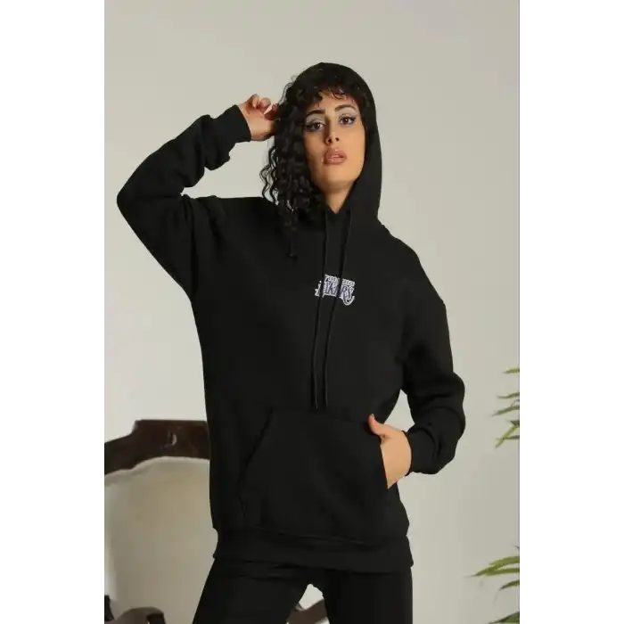 Kadın Baskılı Oversize Üç İplik Kapüşonlu Sweatshirt - Siyah