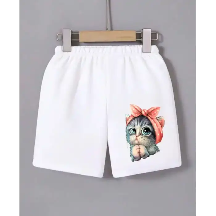 Kadın Beli Lastikli Baskılı Mini Şort - Beyaz