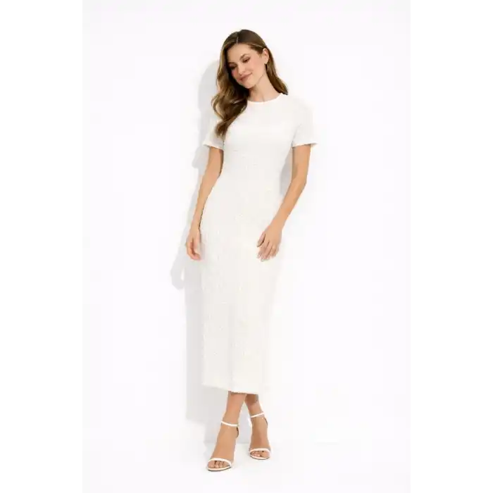 Kadın Beyaz Kısa Kollu Arkası Yırtmaçlı Uzun Elbise + İç Göstermeyen Askılı Mini Elbiseli - Beyaz