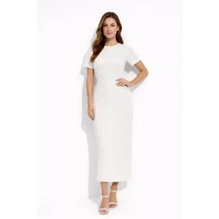 Kadın Beyaz Kısa Kollu Arkası Yırtmaçlı Uzun Elbise + İç Göstermeyen Askılı Mini Elbiseli - Beyaz