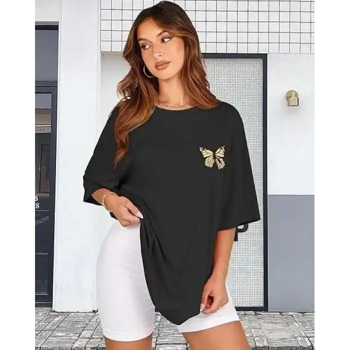 Kadın Bisiklet Yaka Baskılı T-shirt - Siyah