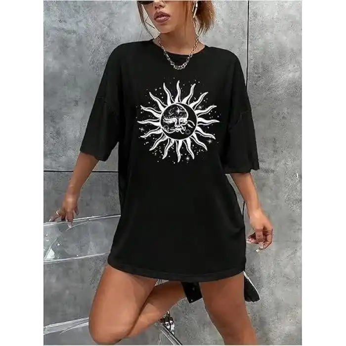 Kadın Bisiklet Yaka Baskılı T-shirt - Siyah