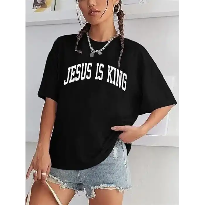 Kadın Bisiklet Yaka Kısa Kol Baskılı T-shirt - Siyah