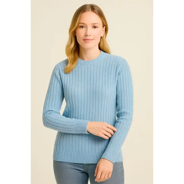 Kadın Bisiklet Yuvarlak Yaka Triko Kazak Pamuklu Kalın Fitilli Dokuma, Regular Fit Uzun Kollu Kışlık Model - Bebe Mavisi