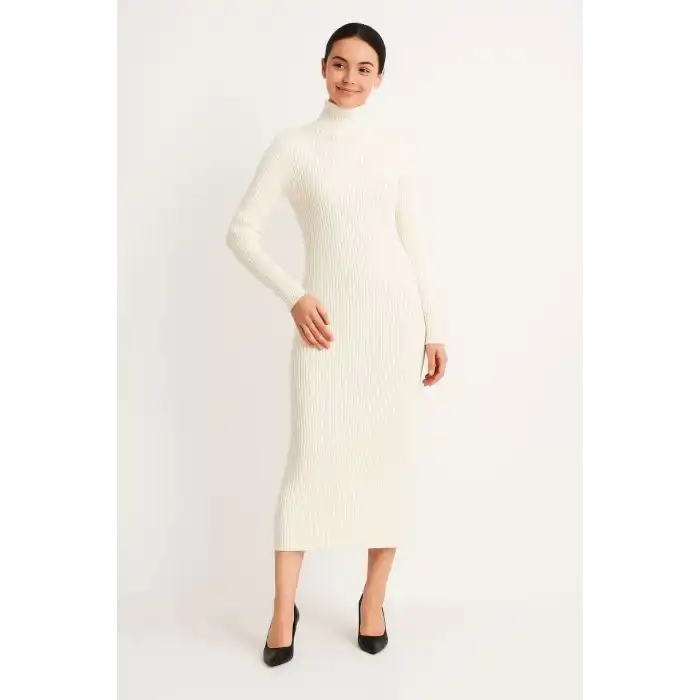 Kadın Boğazlı Triko Elbise – Uzun Fitilli Esnek Dokuma, Tam Kalıp, Kışlık & Baharlık Şık Rahat Stil, 130 cm Midi Boy Elbise - Beyaz