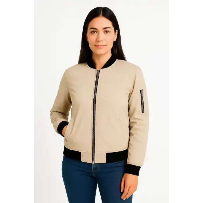 Kadın Bomber Mont Ceket – Fermuarlı, Kapitone İçi Astarlı, Su İtici Kumaş, Regular Fit, Yandan Cepli, Günlük Bahar & Kış Şık Rahat Stil - bej