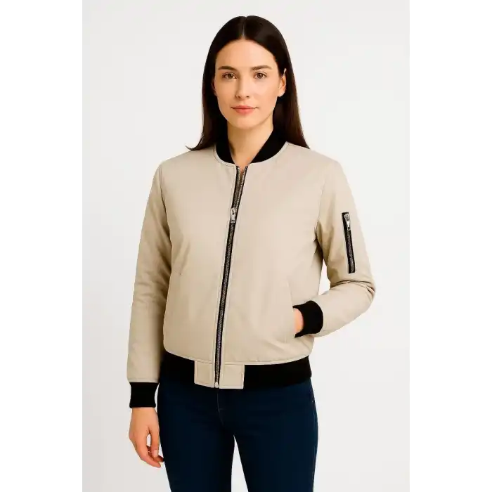 Kadın Bomber Mont Ceket – Fermuarlı, Kapitone İçi Astarlı, Su İtici Kumaş, Regular Fit, Yandan Cepli, Günlük Bahar & Kış Şık Rahat Stil - bej