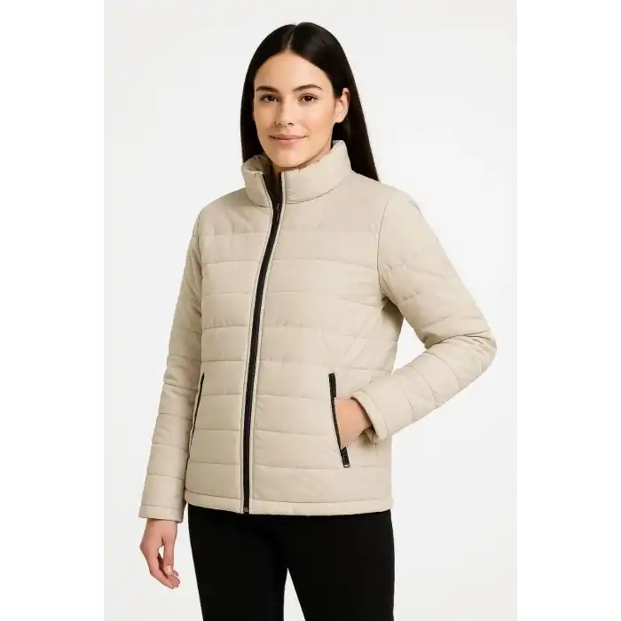 Kadın Bomber Mont Ceket – Su İtici Kumaş, Kapitone Astarlı, Fermuarlı, Kışlık - Bej
