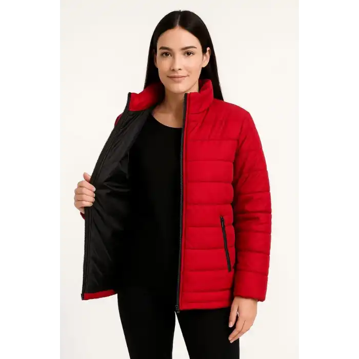 Kadın Bomber Mont Ceket – Su İtici Kumaş, Kapitone Astarlı, Fermuarlı, Kışlık - Kırmızı