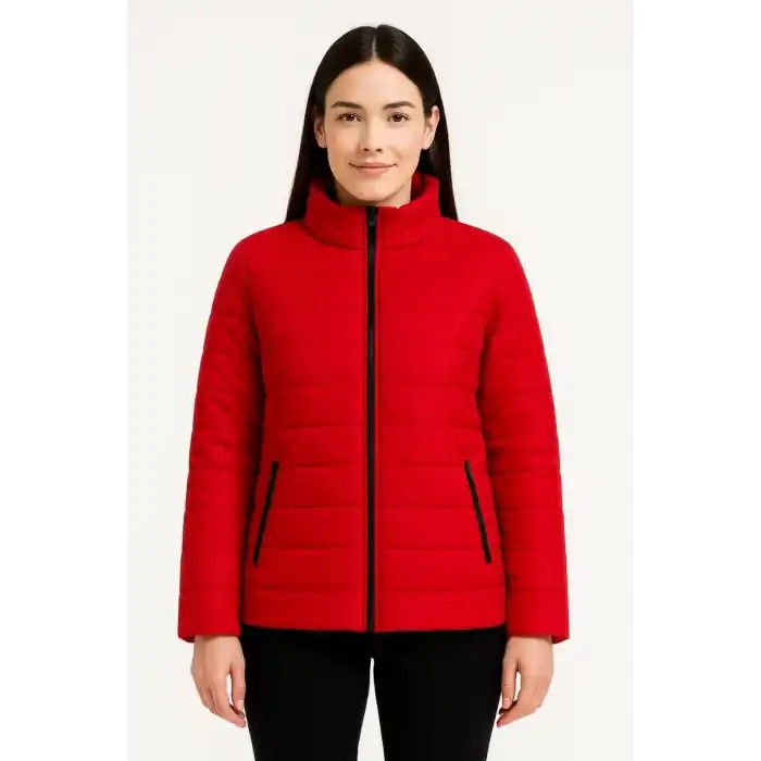 Kadın Bomber Mont Ceket – Su İtici Kumaş, Kapitone Astarlı, Fermuarlı, Kışlık - Kırmızı