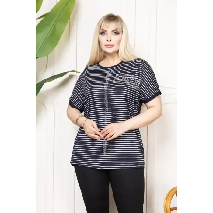 Kadın Büyük Beden Çizgili Taş Detaylı Kısa Kollu Likralı Viskon Tişört - Lacivert