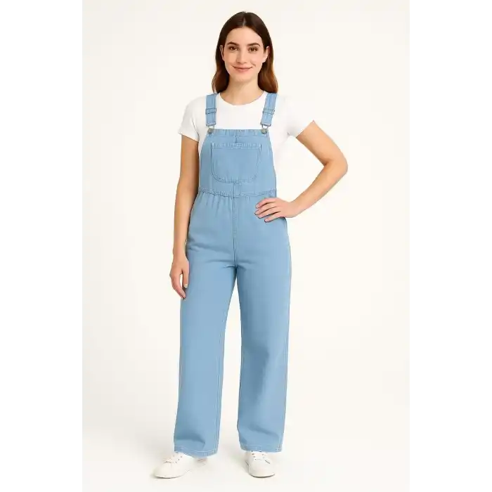 Kadın Chambray Açık Mavi Denim Görünümlü Geniş Paça Salopet Tulum - Mavi