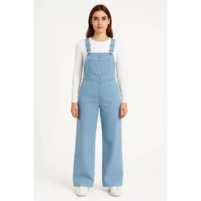 Kadın Chambray Açık Mavi Denim Görünümlü Geniş Paça Salopet Tulum - Mavi
