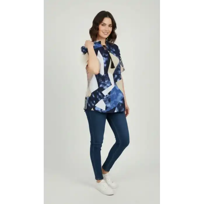 Kadın Desenli Püsküllü Viskon Bluz Bebe Yaka Kısa Kollu Big Size Rahat Kesim - Desenli