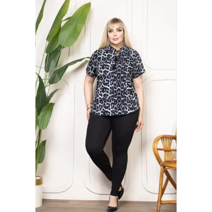 Kadın Desenli Püsküllü Viskon Bluz Bebe Yaka Kısa Kollu Big Size Rahat Kesim - Desenli