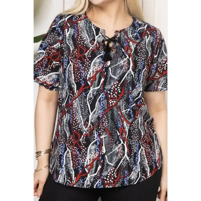 Kadın Desenli Püsküllü Viskon Bluz Bebe Yaka Kısa Kollu Big Size Rahat Kesim - Desenli