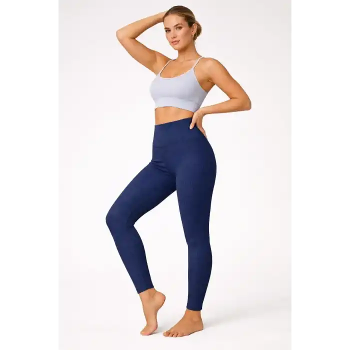 Kadın Fitilli Full Likralı Yüksek Bel Toparlayıcı Tayt Günlük ve Spor Kullanım - Lacivert