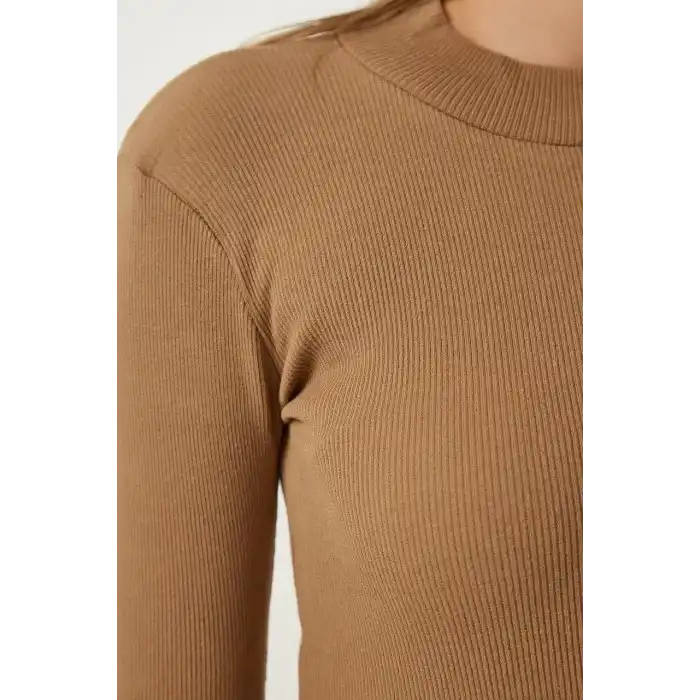 Kadın Full Likralı Fitilli Kaşkorse Body - Kahve