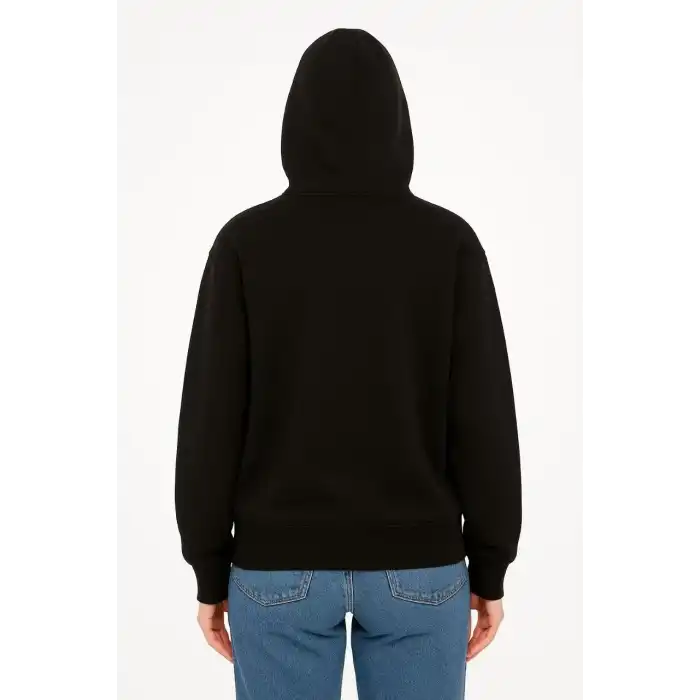 Kadın Kapüşonlu 3 İplik Şardonlu Önü Baskılı Fermuarlı Oversize Sweatshirt - Siyah