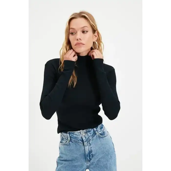 Kadın Kaşkorse Boğazlı Full Likralı Fitilli Body Kazak - Siyah