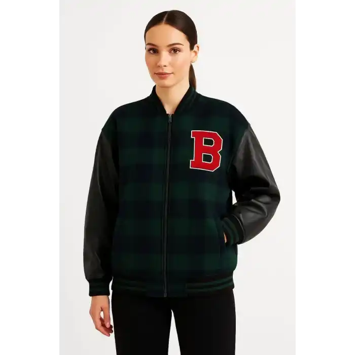 Kadın Kolej Ceket – Kareli Oduncu Kumaş, Kolları Suni Deri, Fermuarlı, İçi Kapitone Astarlı, Nakışlı Oversize Bahar & Kış Stil - Haki