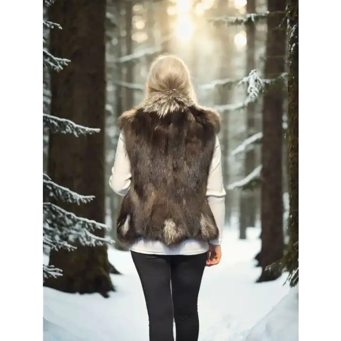 Kadın Kolsuz Fermuarlı Yelek - Kahve