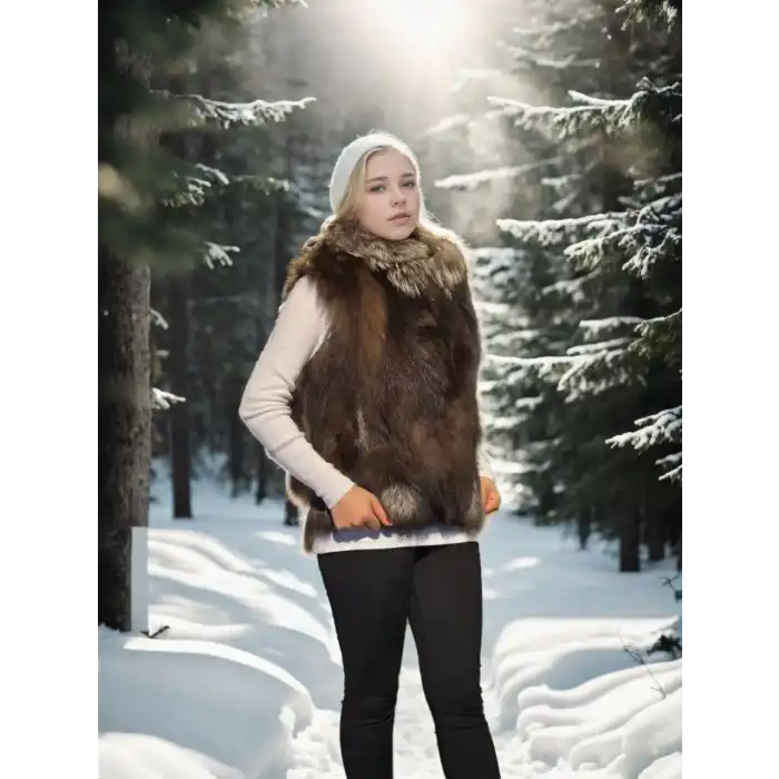 Kadın Kolsuz Fermuarlı Yelek - Kahve