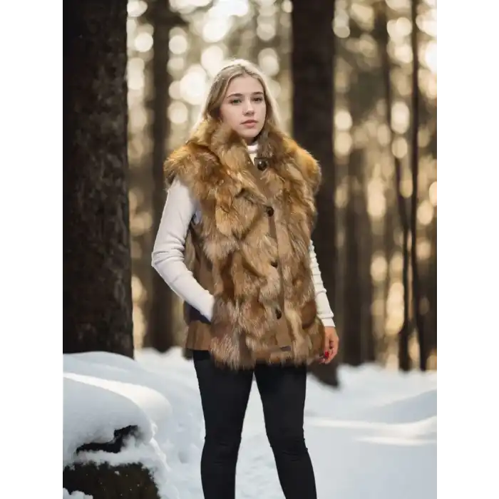 Kadın Kolsuz Hakiki Deri Kürk - Kahve