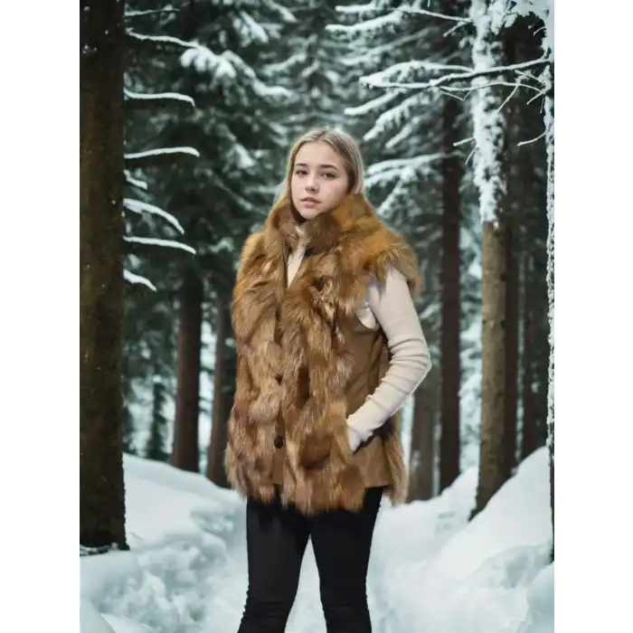 Kadın Kolsuz Hakiki Deri Kürk - Kahve