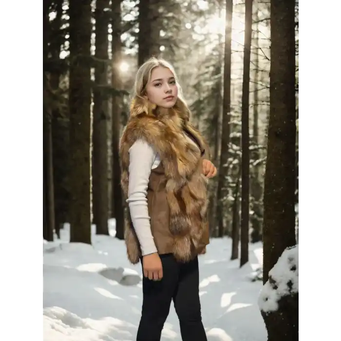 Kadın Kolsuz Hakiki Deri Kürk - Kahve