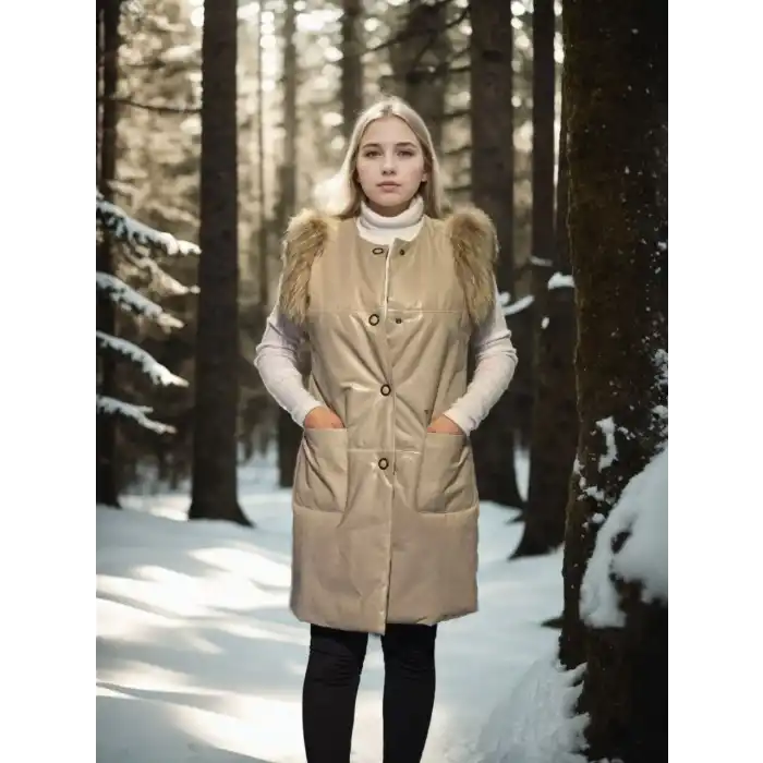 Kadın Kolsuz Hakiki Deri Kürk - Krem