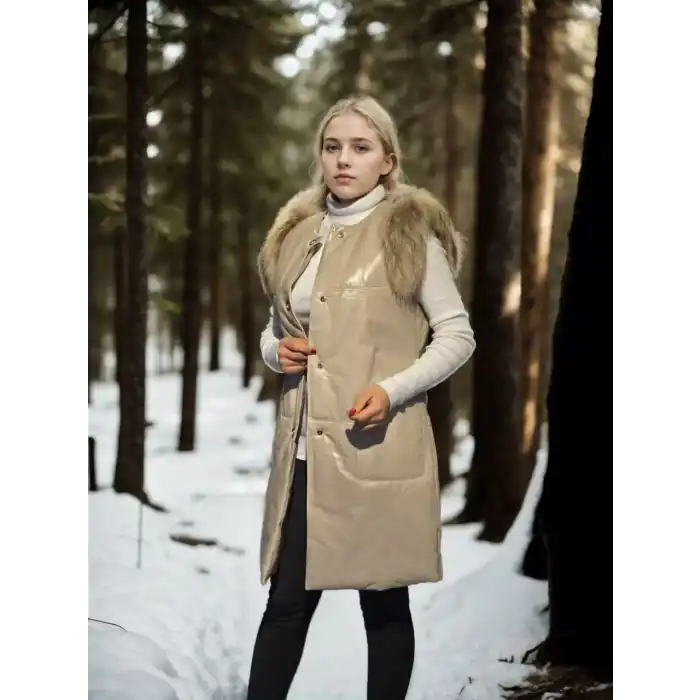 Kadın Kolsuz Hakiki Deri Kürk - Krem