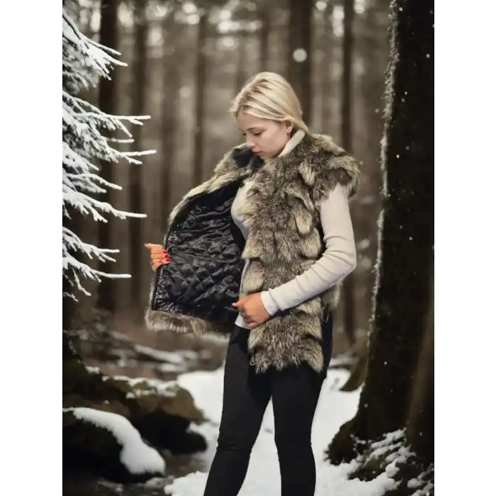 Kadın Kolsuz Hakiki Deri Kürk - Siyah